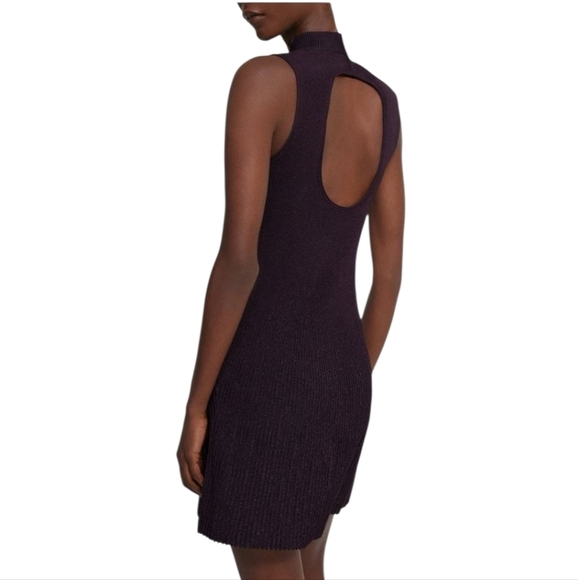 THEORY Cutout Metallic Ribbed Knit Fit-and-Flare Sleeveless Dress In Merlot - Picture 2 of 16